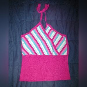 Guess Pink, Blue, and White Crop Halter Top Size Large